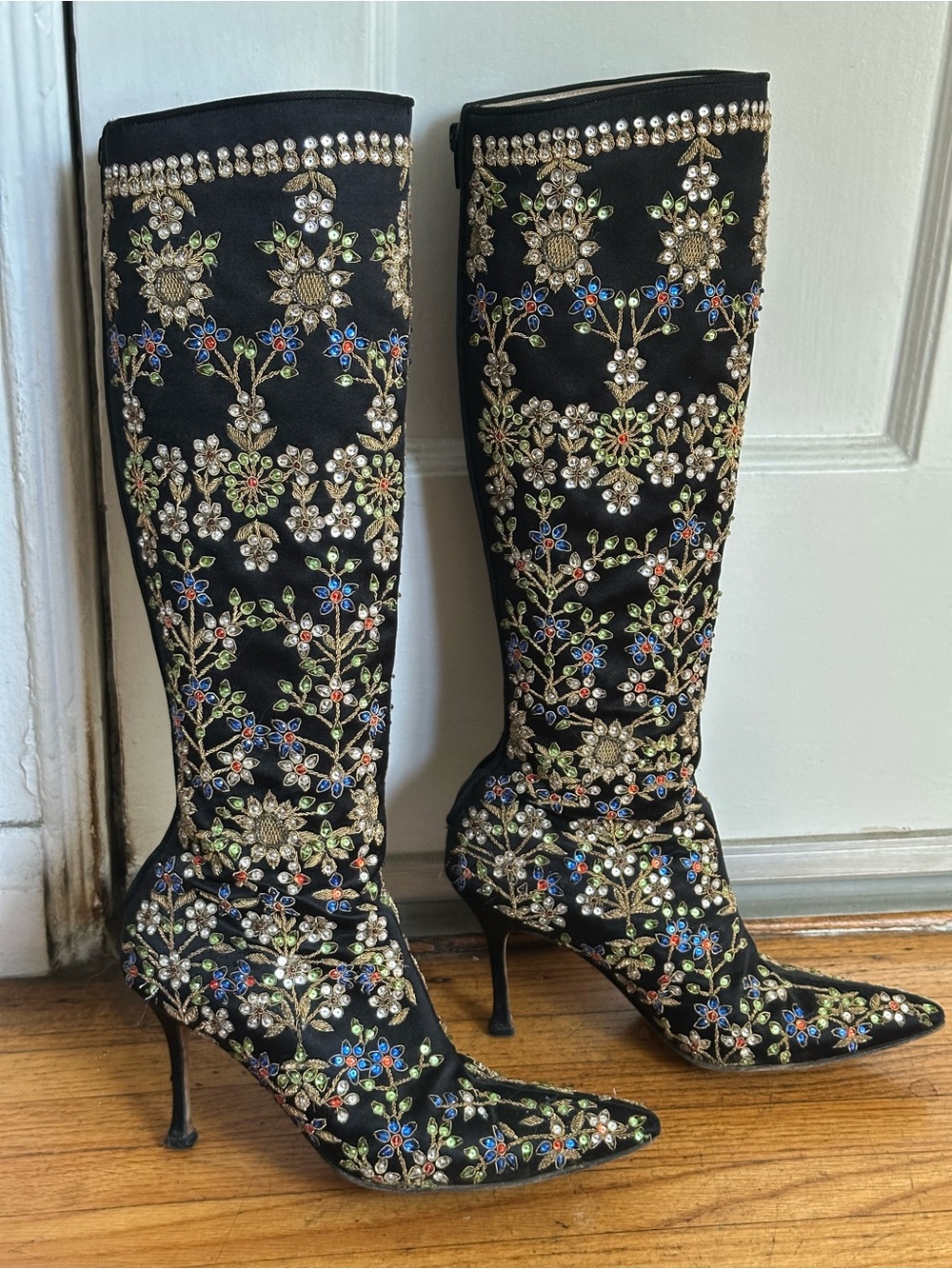 Manolo Blahnik Black Embroidered Crystal Knee-High Stiletto Boots